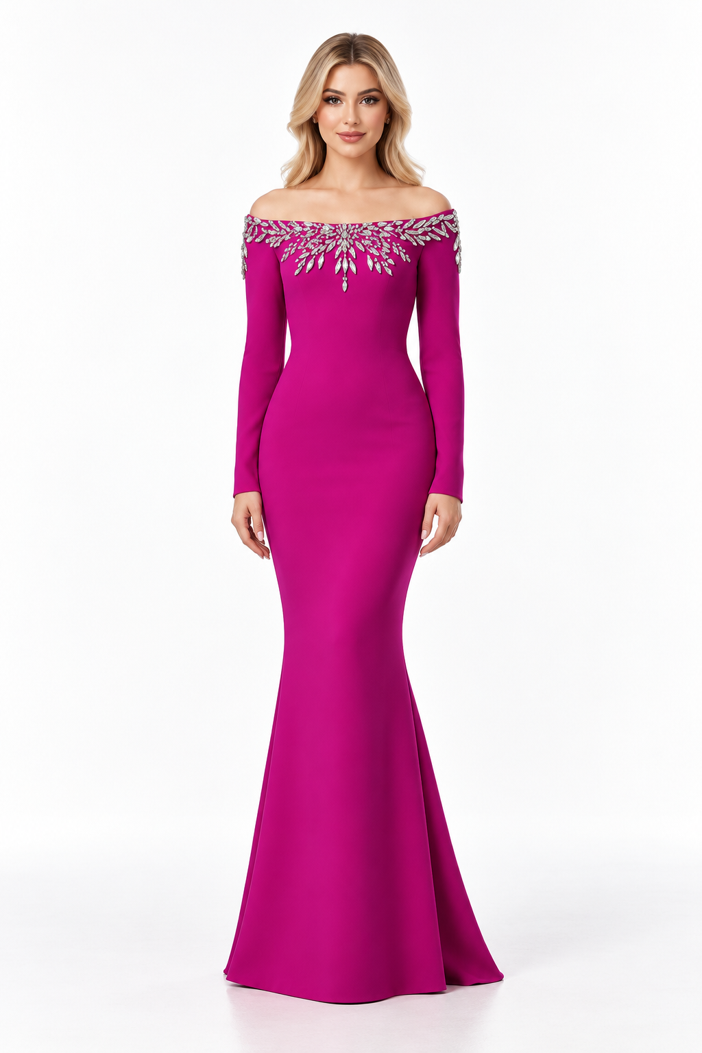 Crystal Off-Shoulder Long Sleeve Evening Gown - Radiance