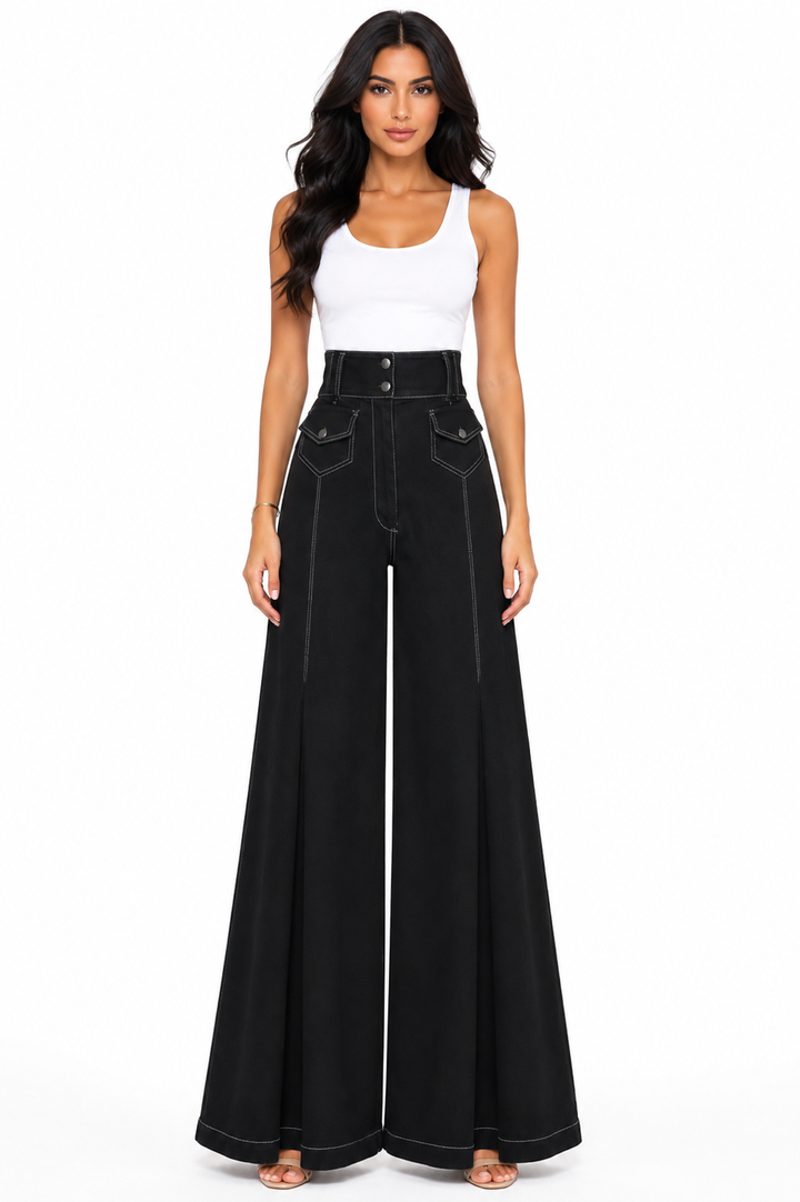 High-Waisted Flared Wide Leg Pants - Noir