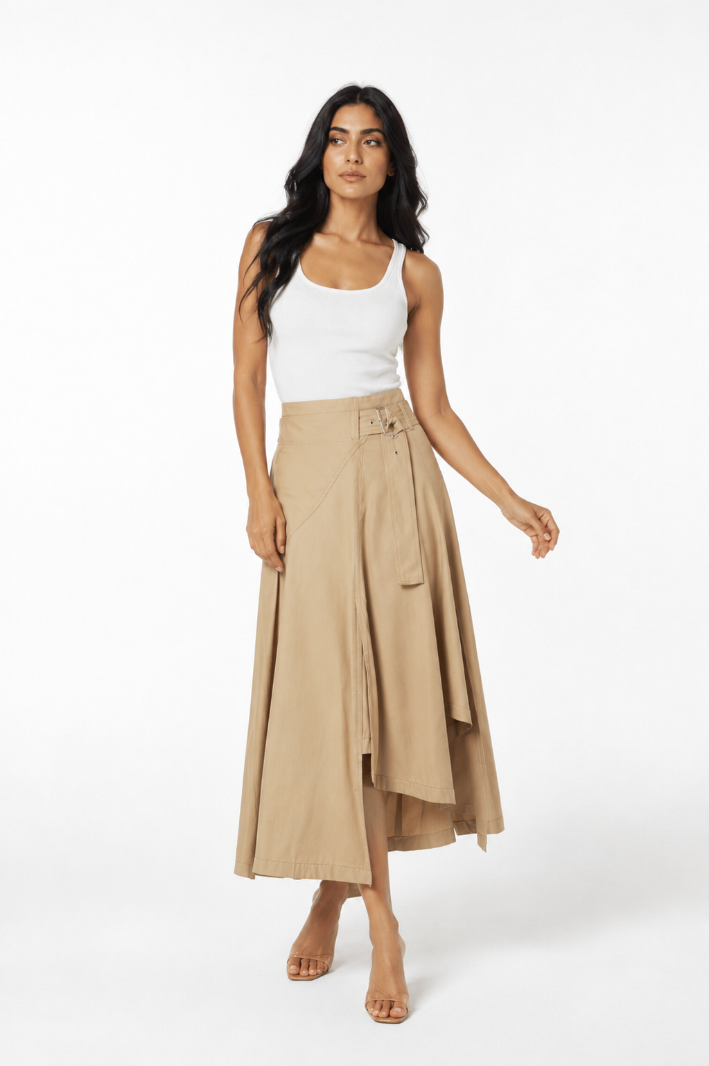 Asymmetric Belted Maxi Skirt – Sand