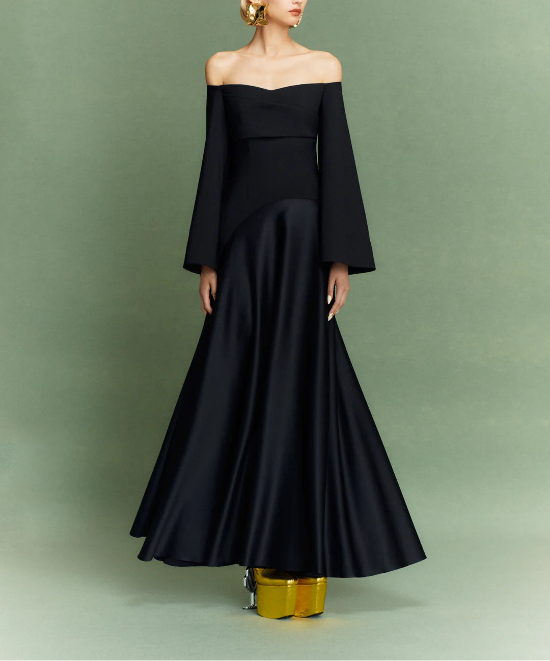 off-shoulder flared-sleeve gown with satin A-line skirt – RINA