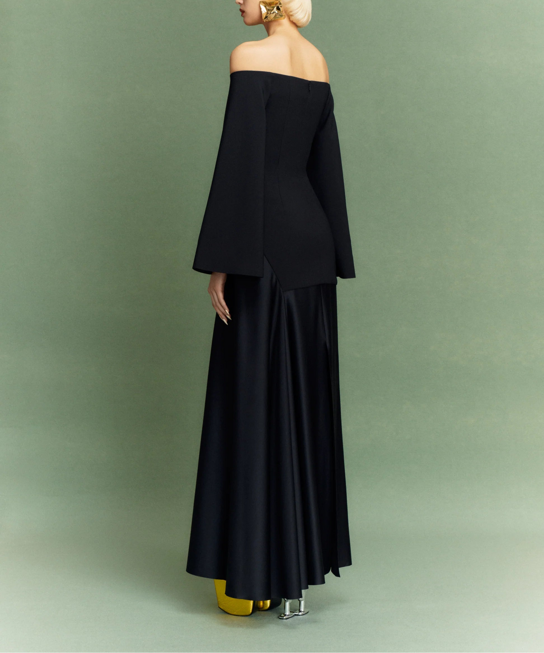 off-shoulder flared-sleeve gown with satin A-line skirt – RINA