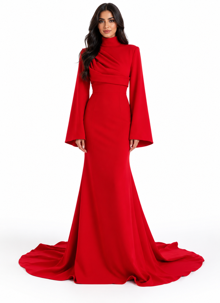 Red High-Neck Draped Long Sleeve Mermaid Maxi Dress - Scarlett