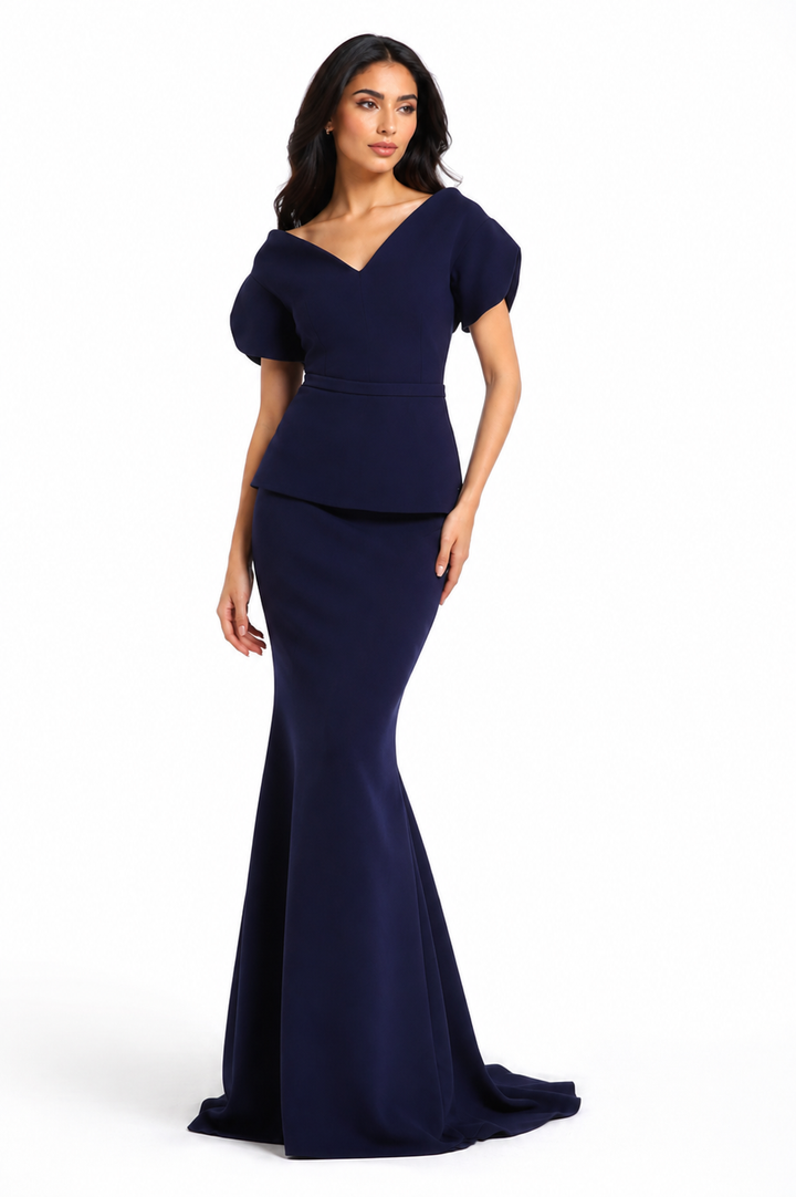 Puff-Sleeve Peplum Mermaid Gown – Midnight