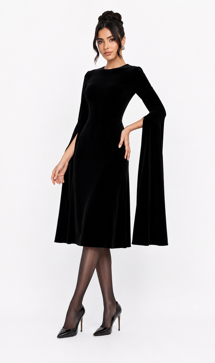 Cape-Sleeve Velvet Midi Dress – Noir
