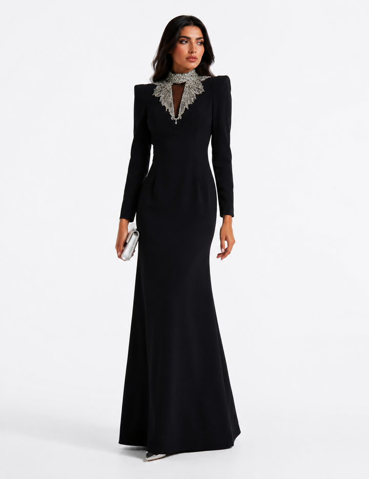 Crystal-Fringe Column Gown - Noir