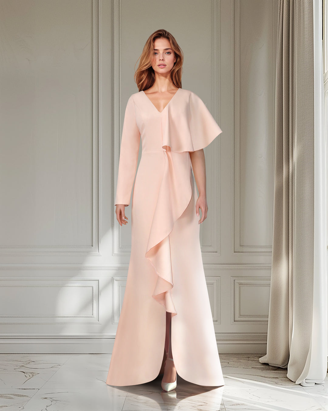 Ruffled pink dress with asymmetrical sleeves - ODD-Surinder