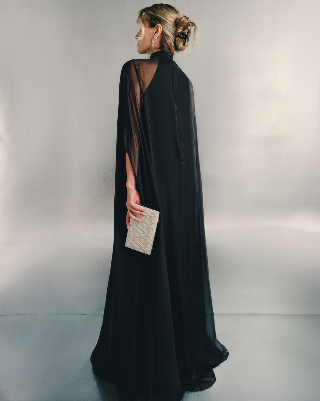 sheer cape maxi gown with high neckline – BLUSH