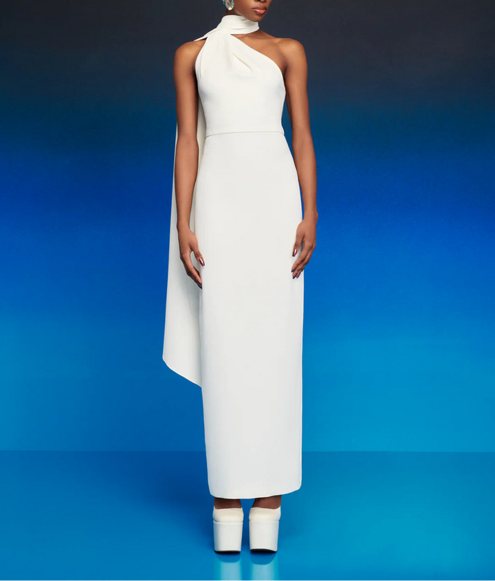 one-shoulder column gown with draped scarf – DEMI