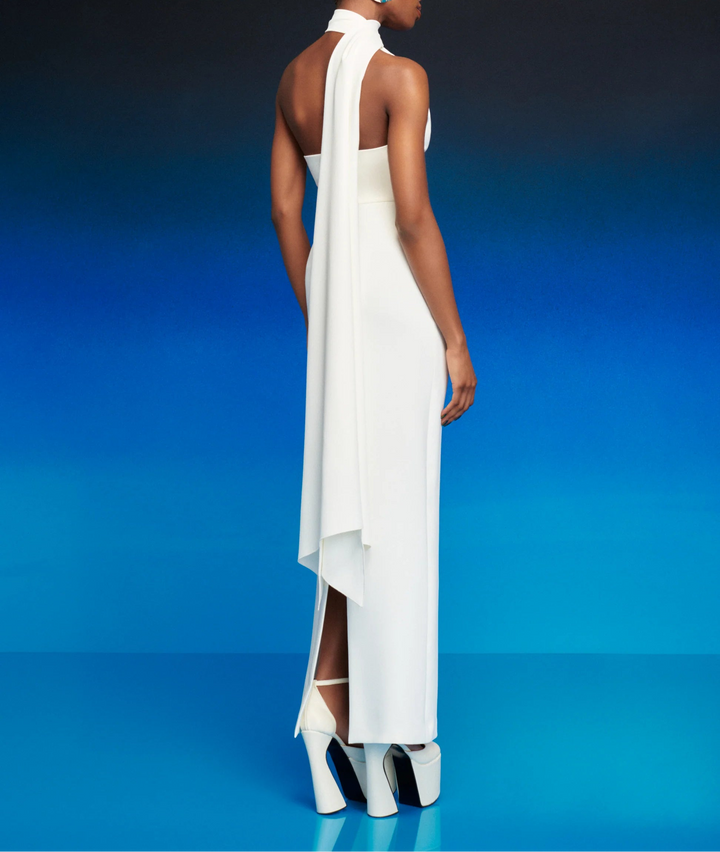 one-shoulder column gown with draped scarf – DEMI