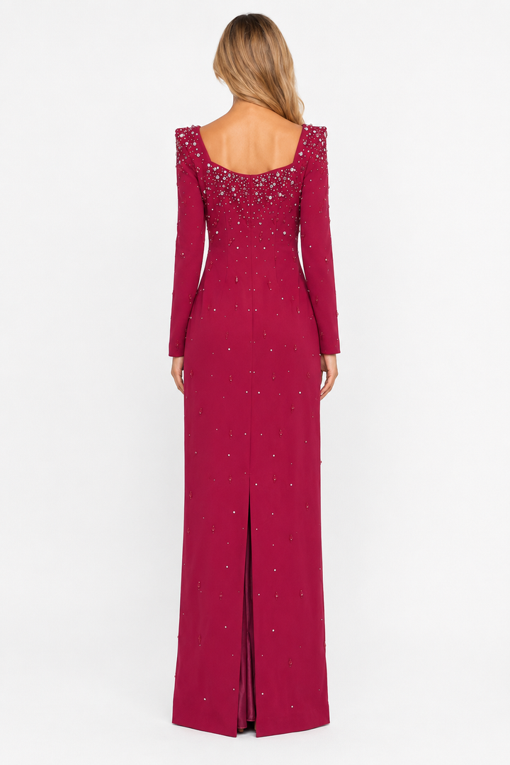 Embellished Square Neck Maxi Dress - Burgundy