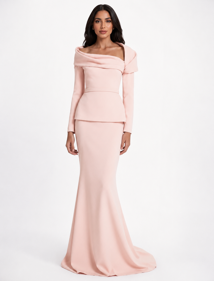 Blush Folded Off-Shoulder Mermaid Evening Gown - Elegance