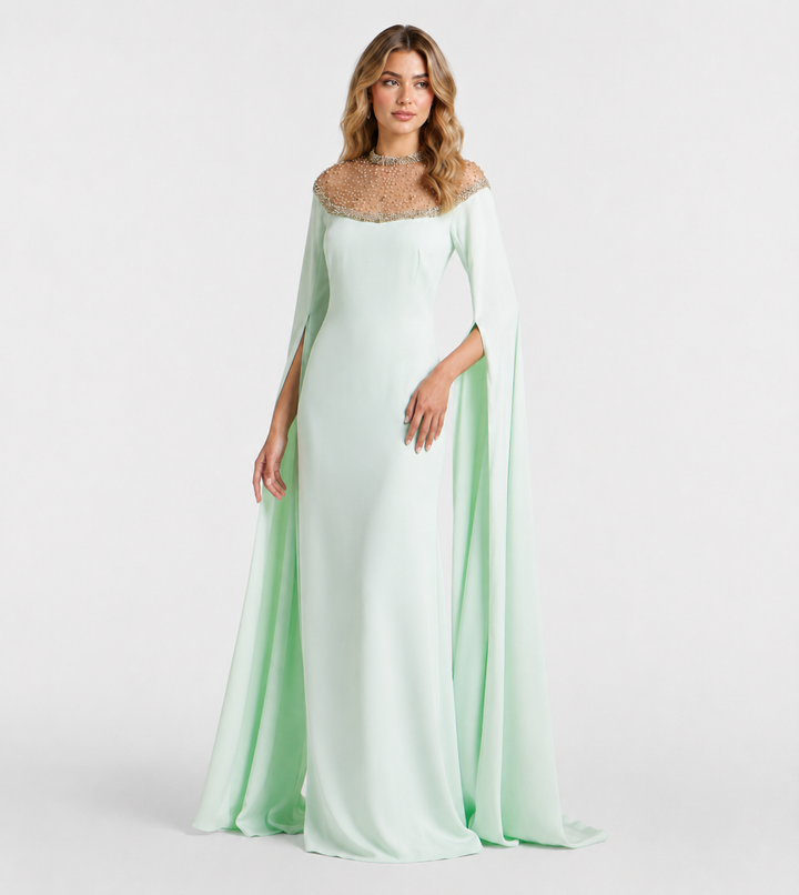 Mint Crystal Cape Evening Gown - Celestine