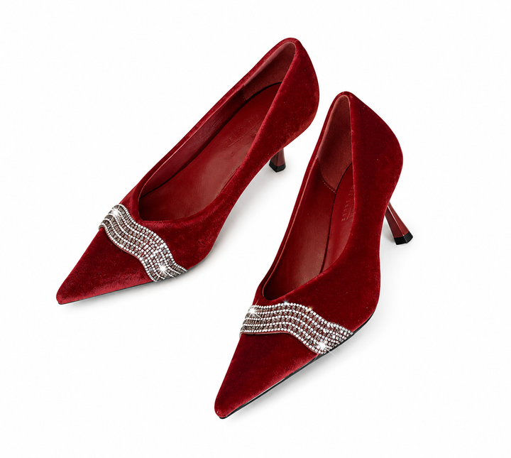 Velvet Rhinestone Pointed Pumps - Blush