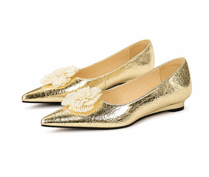 Metallic Floral Pointed Flats - Gold