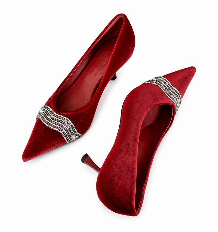 Velvet Rhinestone Pointed Pumps - Blush