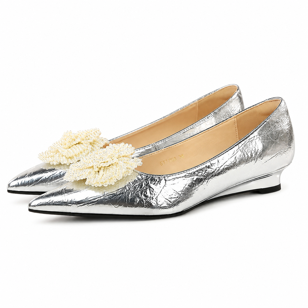 Metallic Floral Pointed Flats - Gold