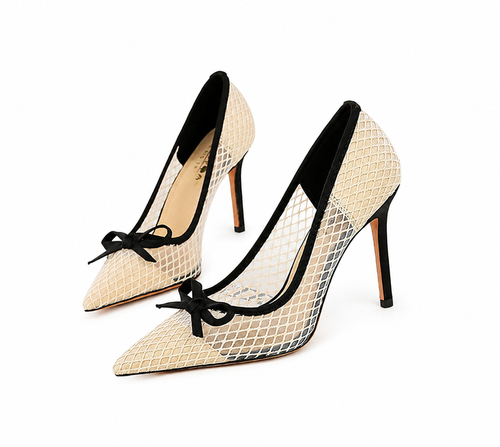 Mesh Bow Stiletto Pumps - Noir