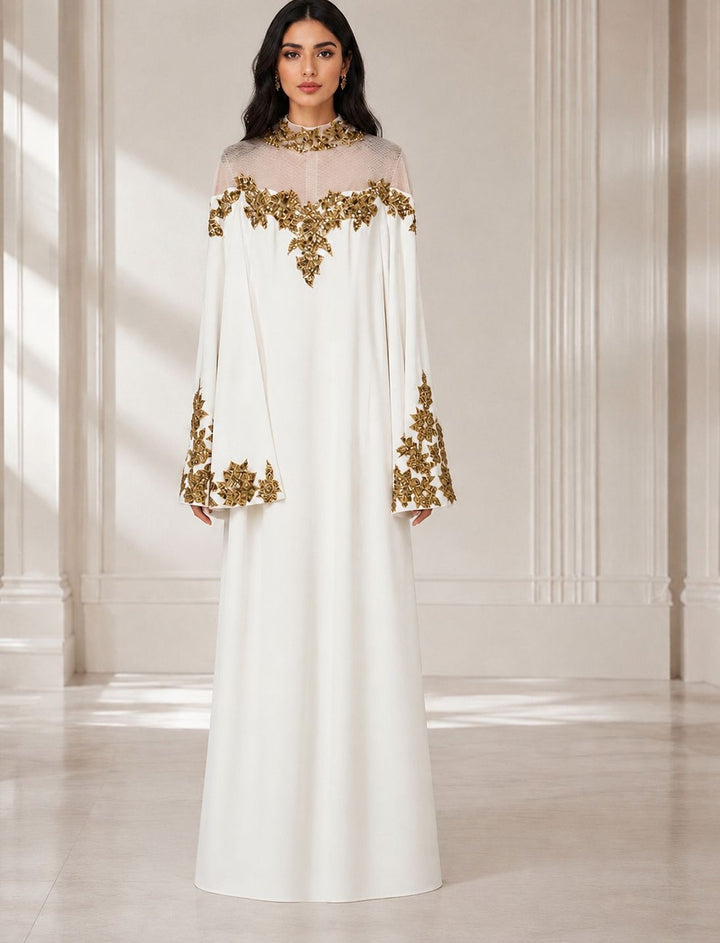 White & Gold Embellished Modest Evening Dress - Majesty