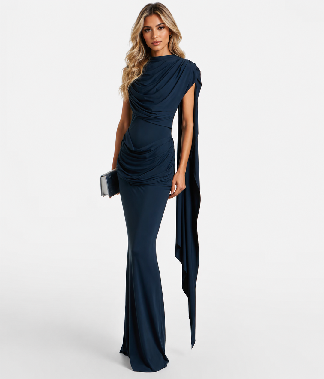 Midnight Blue Draped Cape Evening Gown - Valentina
