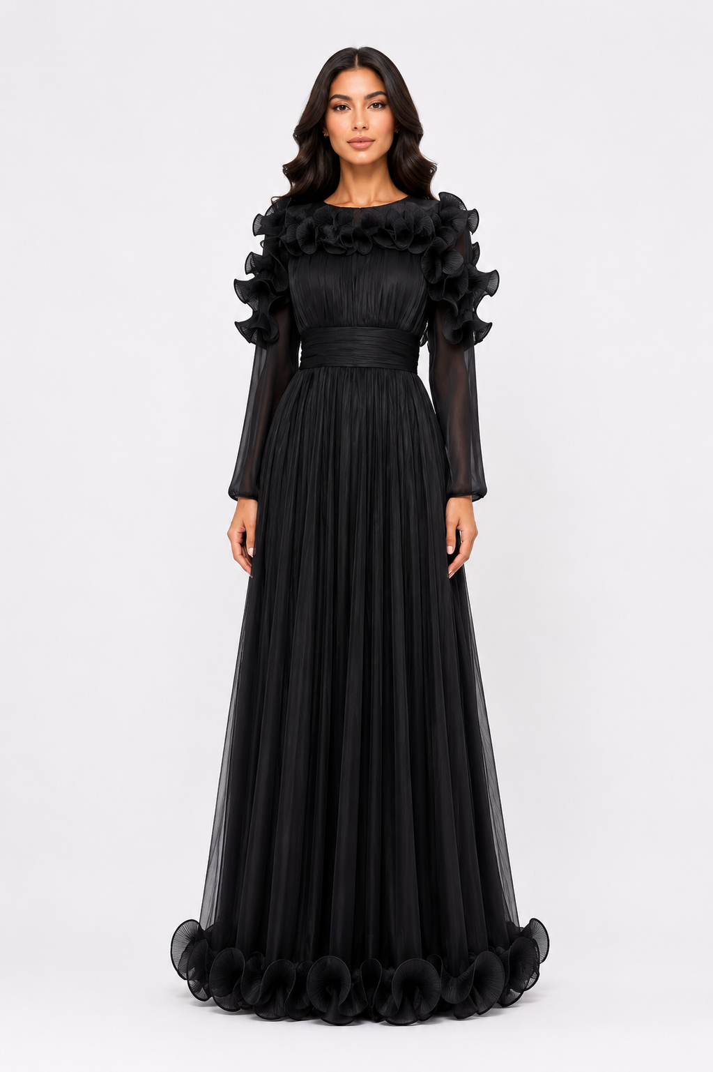 Ruffled Pleated Chiffon Maxi Dress - Midnight