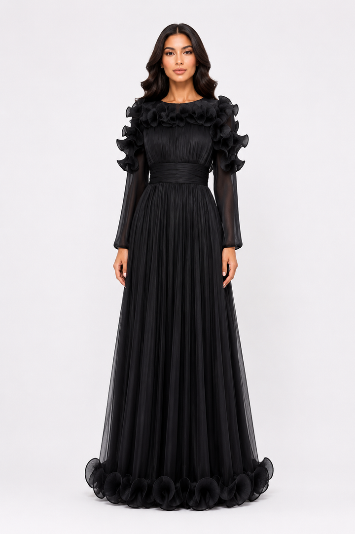 Ruffled Pleated Chiffon Maxi Dress - Midnight