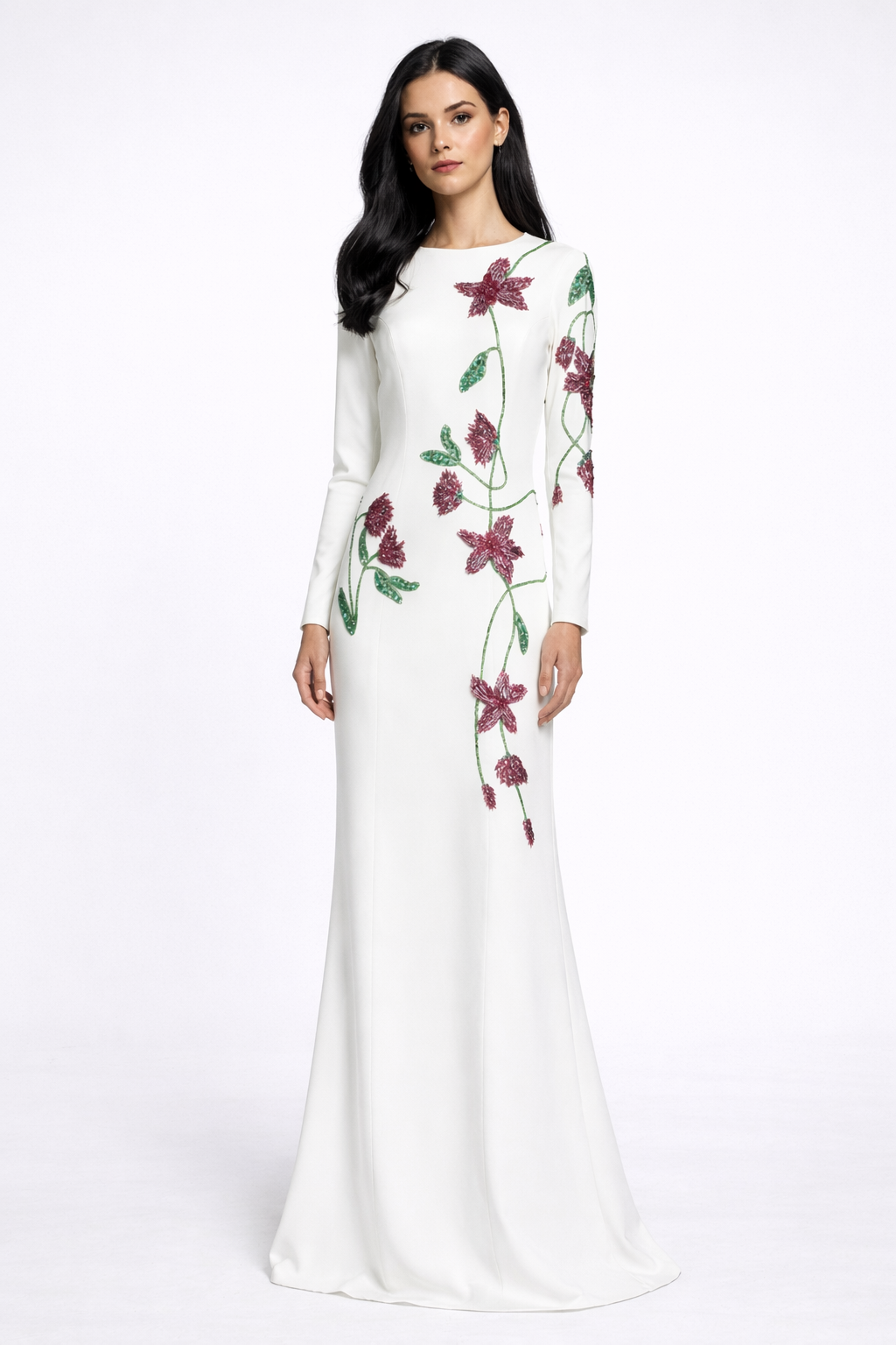 long sleeve column maxi dress with floral embroidery – BLOSSOM