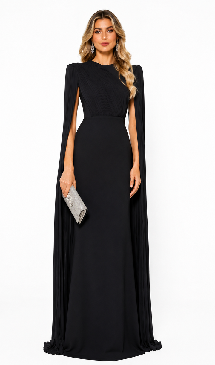 Pleated Cape Sleeve Evening Gown - Grace