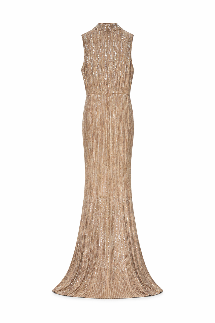 sleeveless high neck sequin maxi dress with draped hem – AURELIA