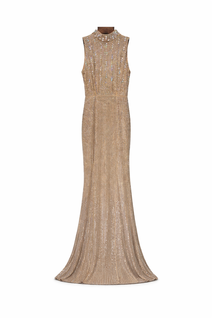 sleeveless high neck sequin maxi dress with draped hem – AURELIA