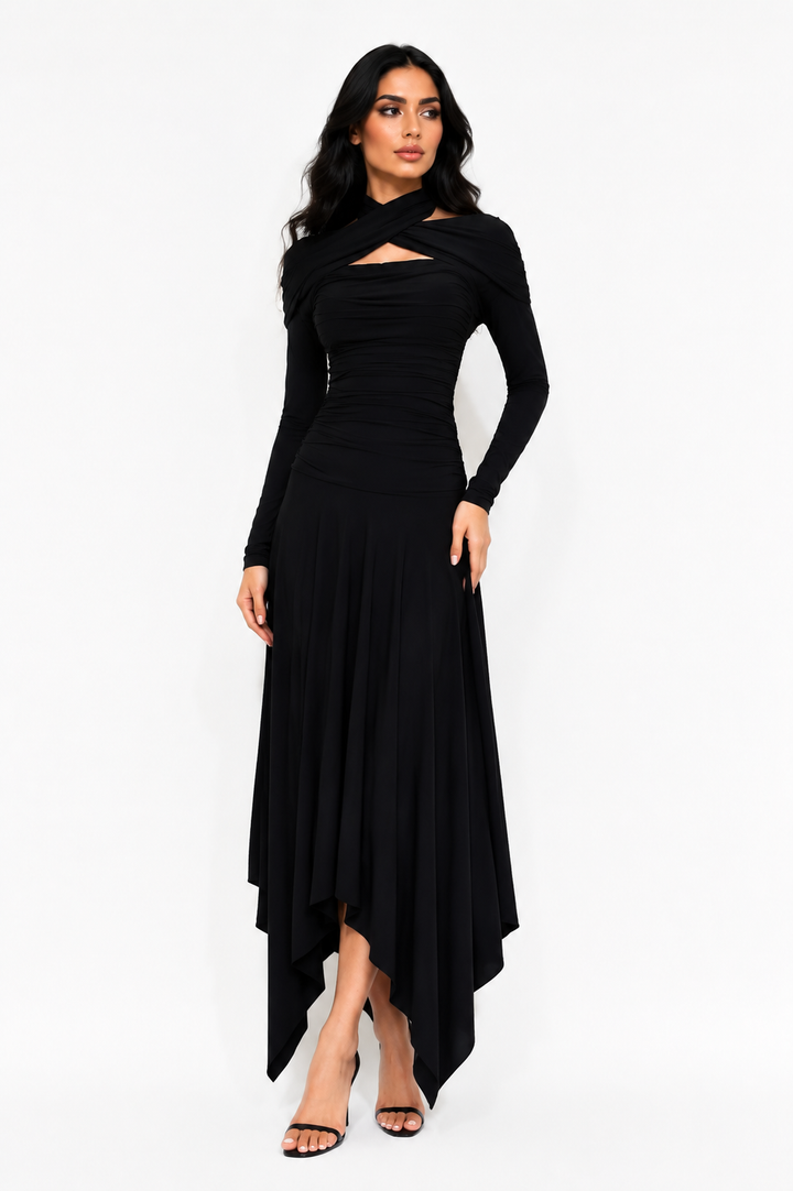 Twist Neck Asymmetrical Maxi Dress - GOLYA