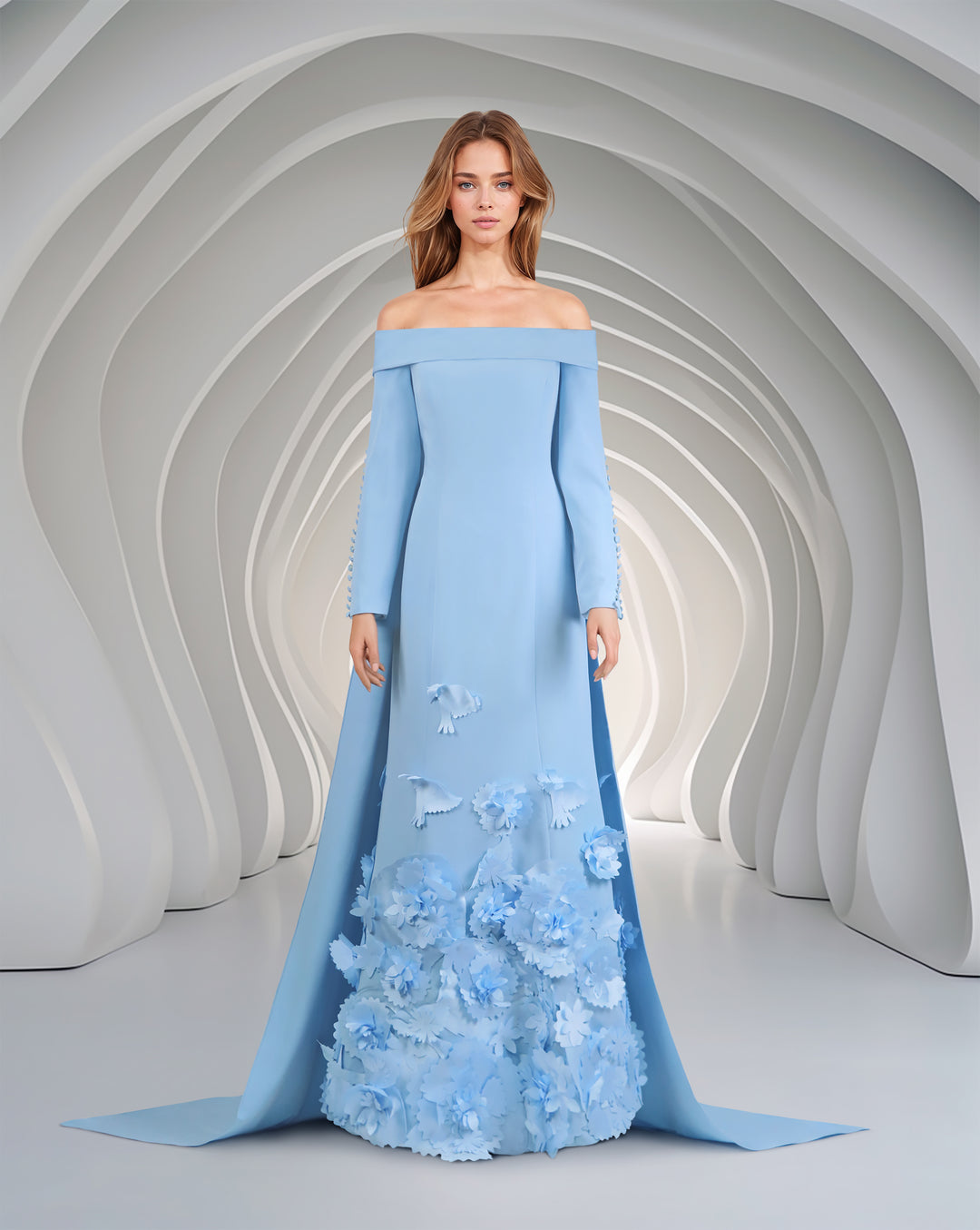 Strapless long sleeve blue dress with 3D flowers