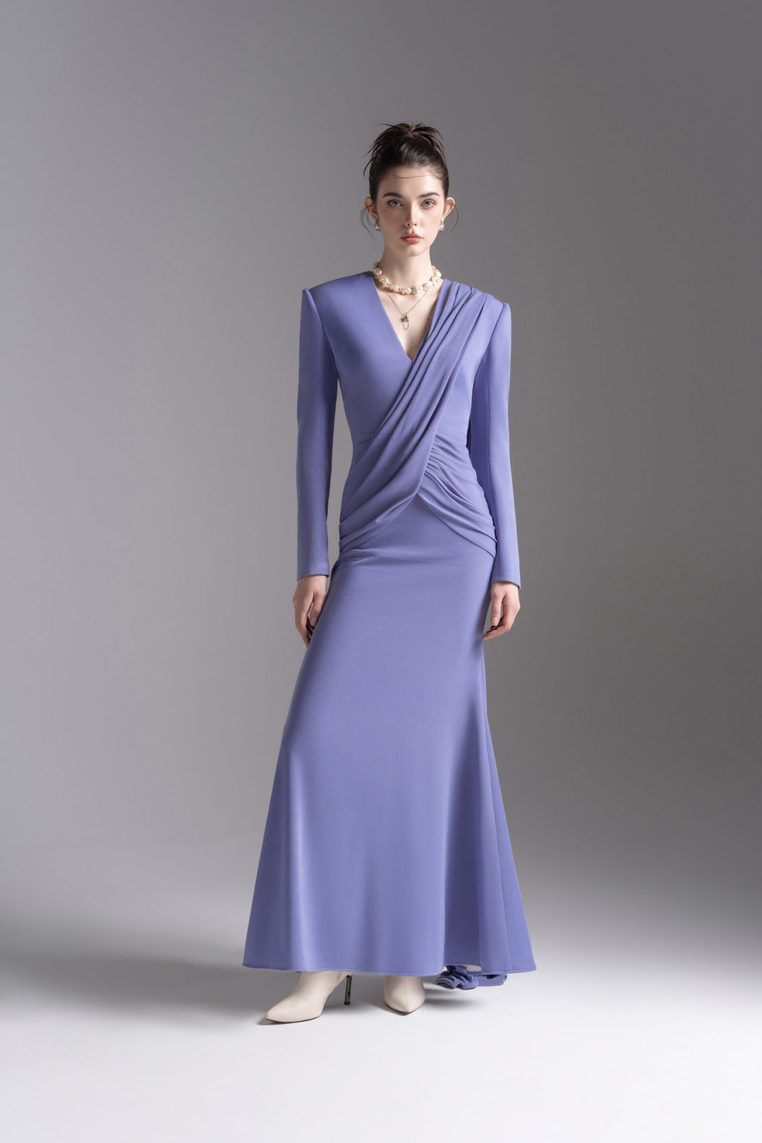 Draped V-neck long-sleeve gown – LAVENYA