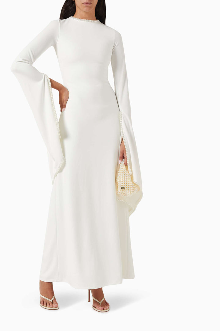 long-sleeve gown with pearl-trimmed flared cuffs – OPHELIA