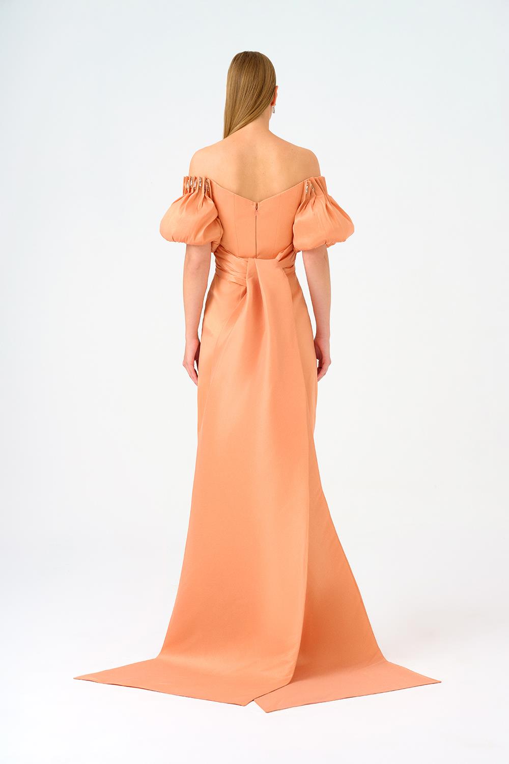 off-shoulder satin gown with puff sleeves – AURELIA