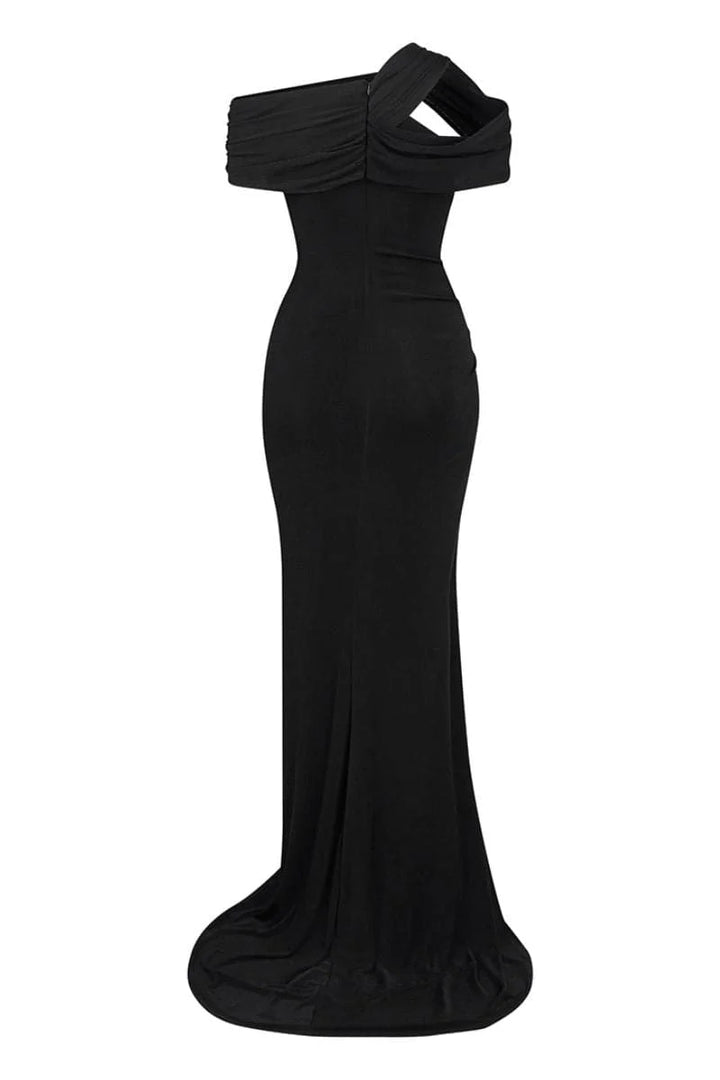 off-shoulder draped gown with high slit – SERENA