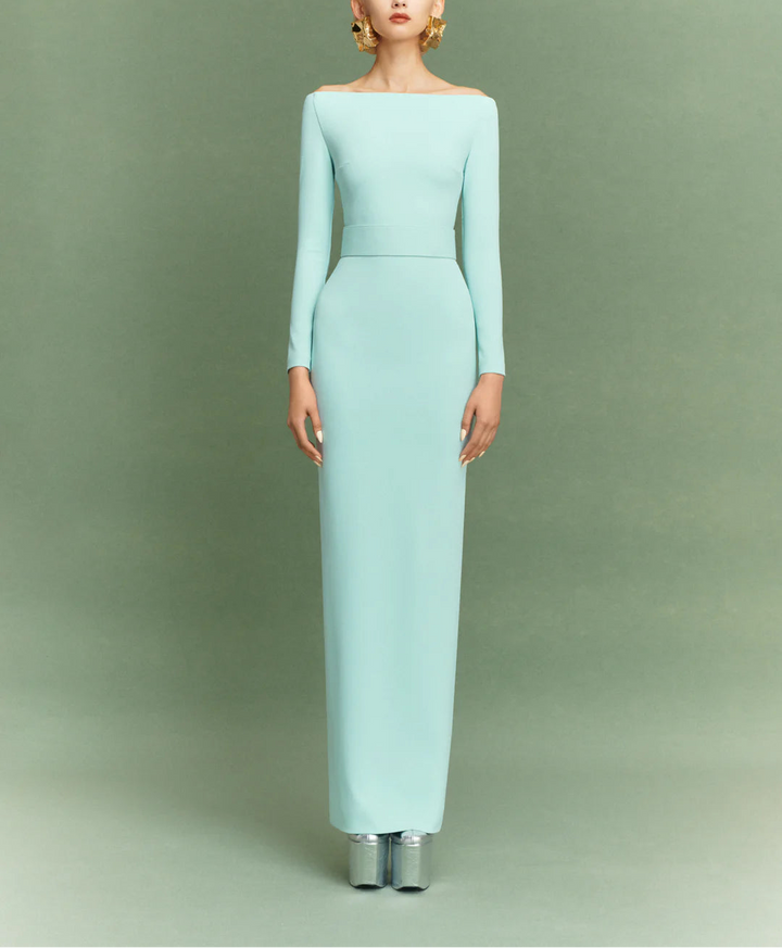 off-shoulder column gown with long sleeves – SABINA