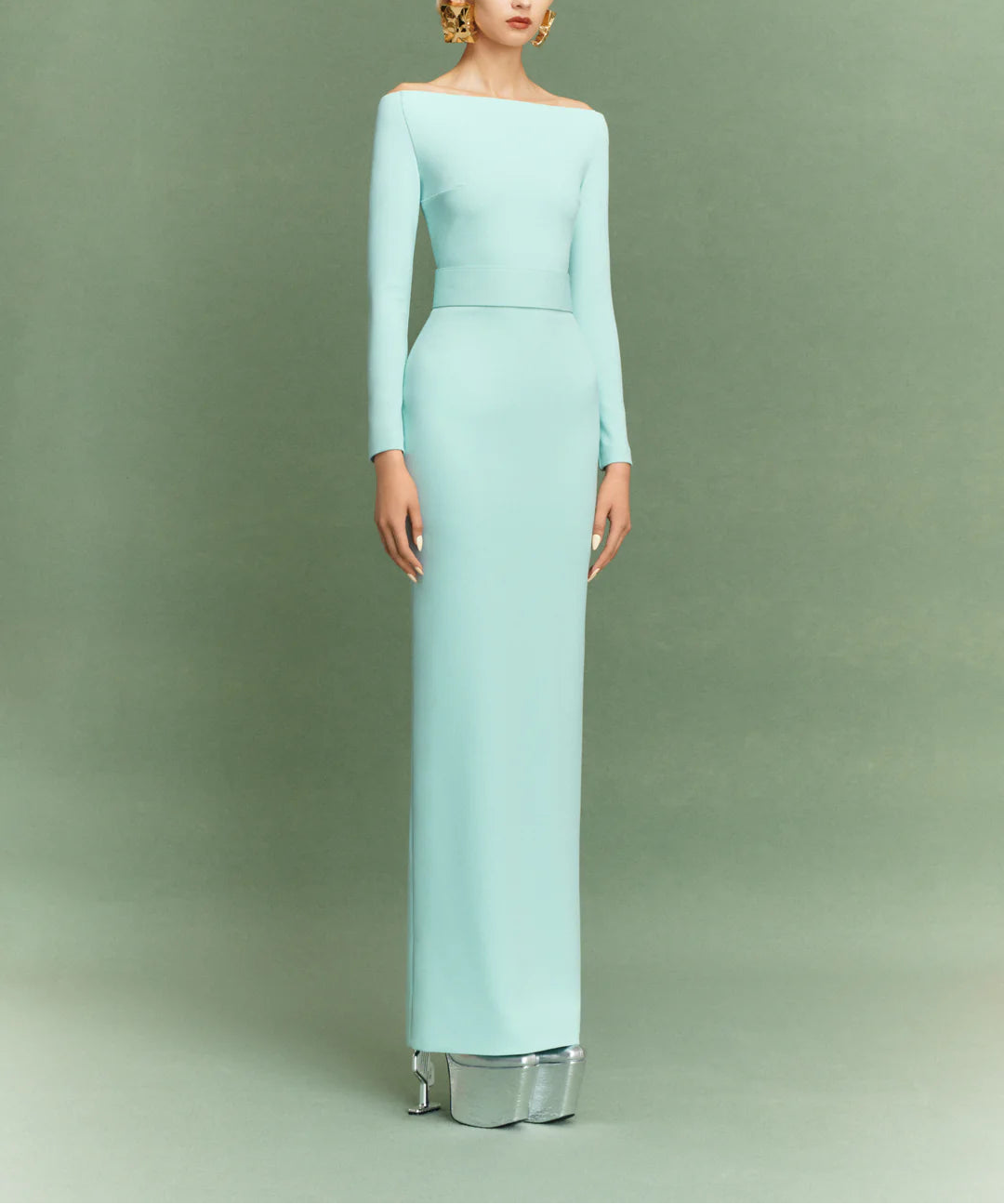 off-shoulder column gown with long sleeves – SABINA