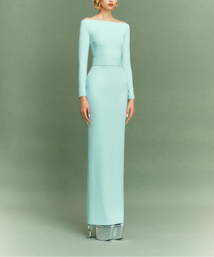 off-shoulder column gown with long sleeves – SABINA