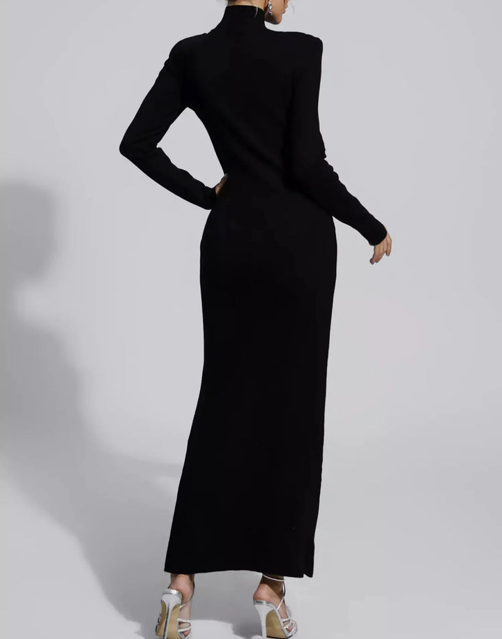 long-sleeve maxi dress with leather buckle accents – VESPERA