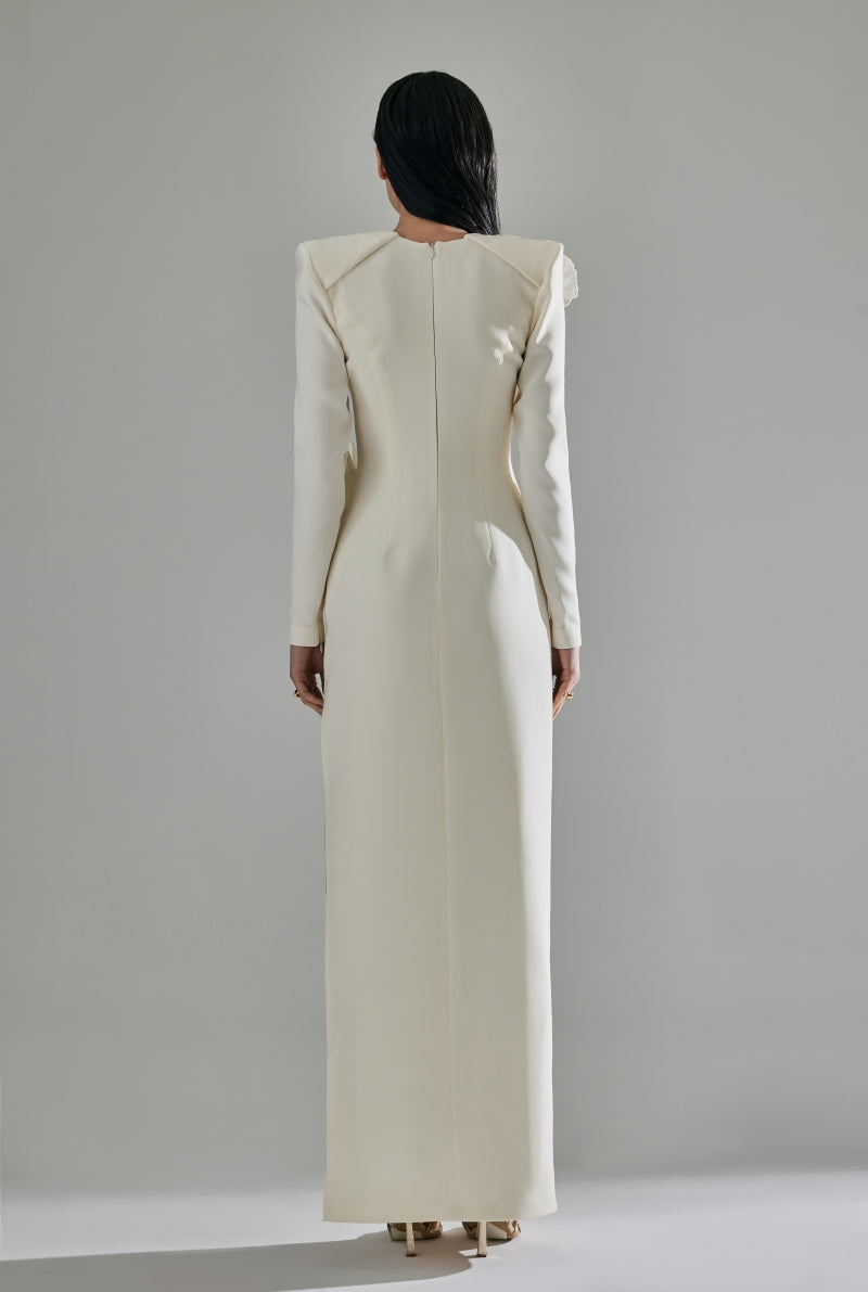 Long-sleeve gown with oversized floral appliqués – IVORINE
