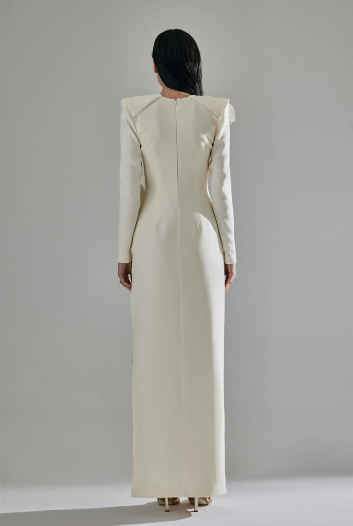 Long-sleeve gown with oversized floral appliqués – IVORINE