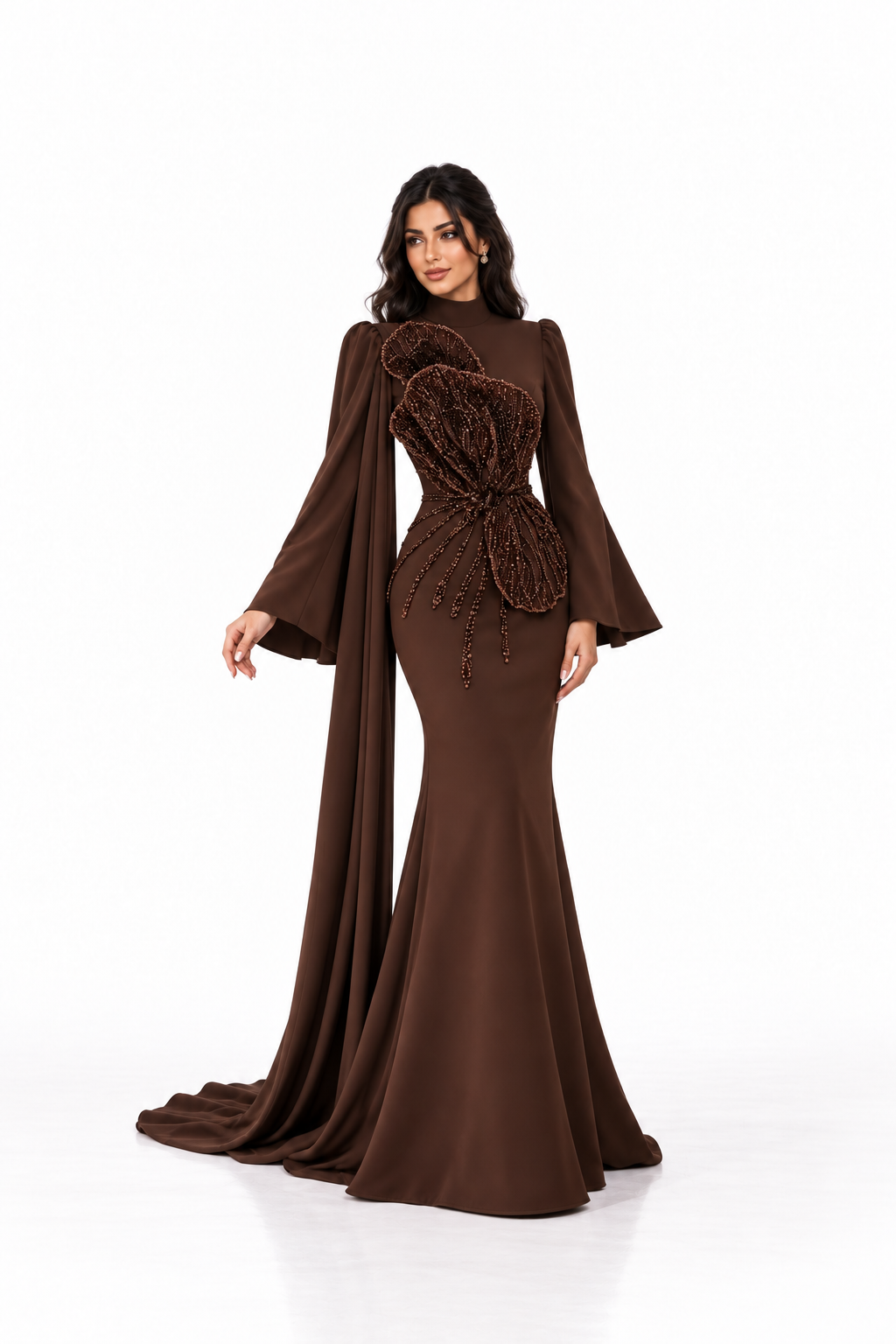 Beaded Floral Cape Gown - Mocha