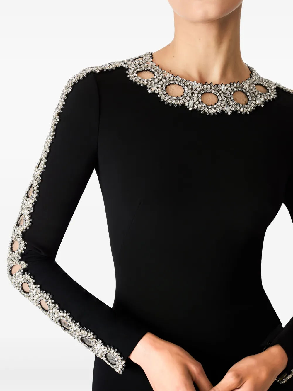 long-sleeve column dress with embellished neckline – AUREANU