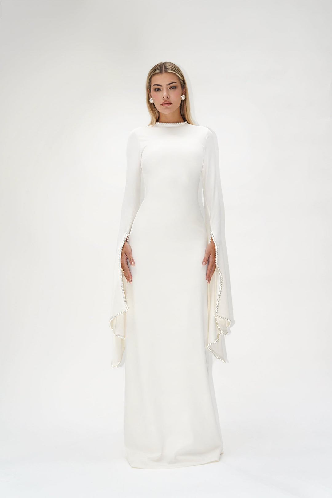 long-sleeve gown with pearl-trimmed flared cuffs – OPHELIA