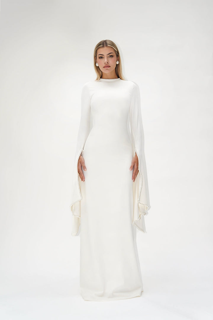 long-sleeve gown with pearl-trimmed flared cuffs – OPHELIA