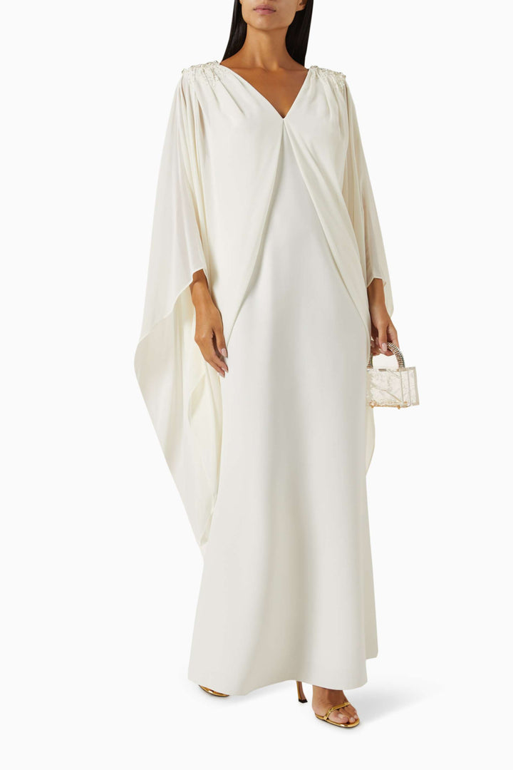 Draped cape gown with embellished shoulders – IVORYE
