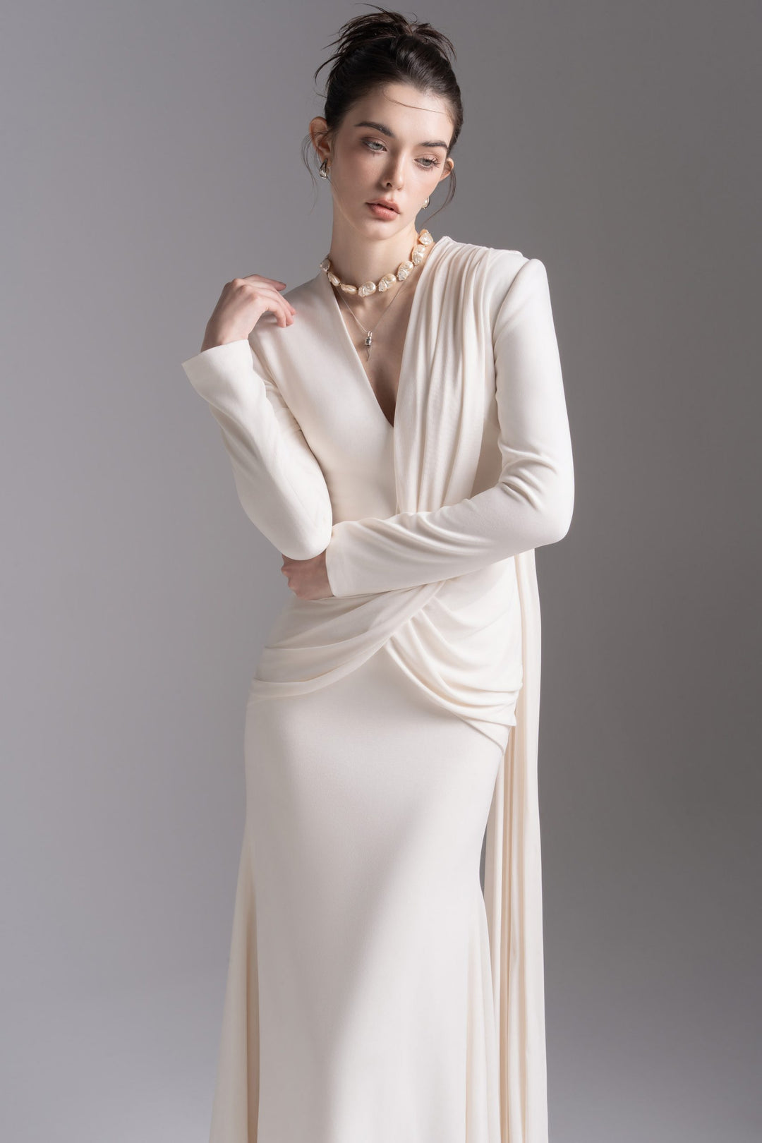 Draped V-neck long-sleeve gown – LAVENYA