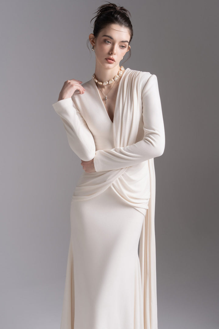 Draped V-neck long-sleeve gown – LAVENYA