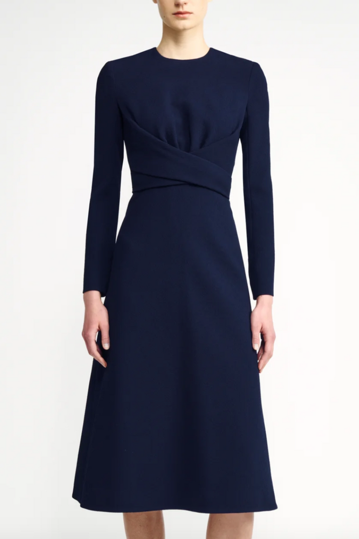 long-sleeve midi dress with draped waist – SILVEN