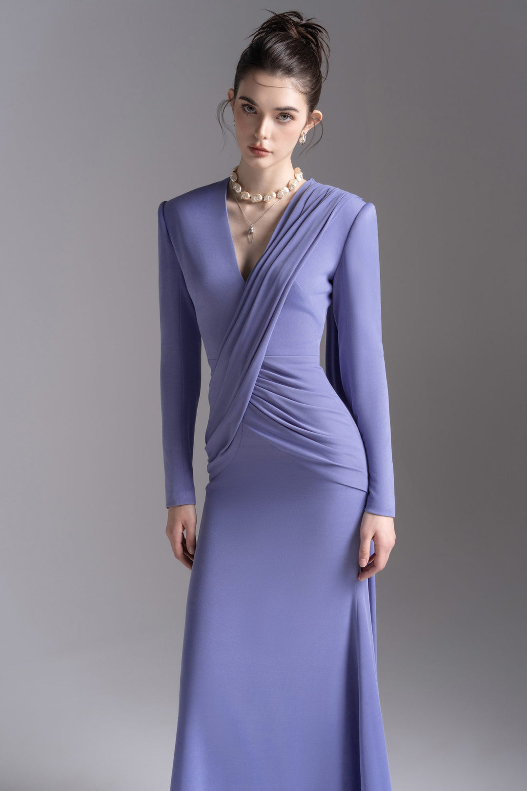 Draped V-neck long-sleeve gown – LAVENYA